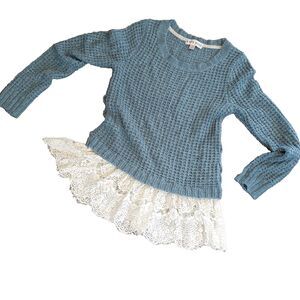 Knox Rose Blue Long Sleeve Sweater Lace Up Sides Lace Trim Size S Waffle Knit